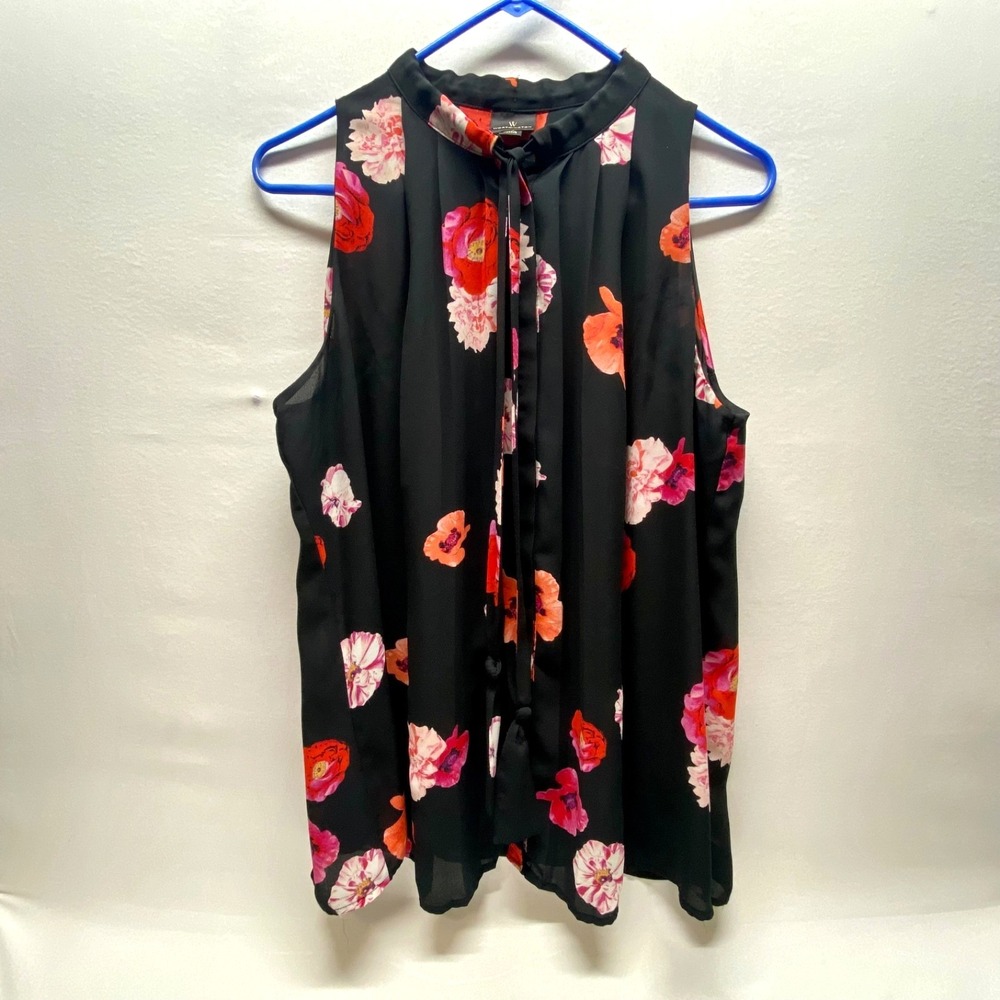 Worthington Sleeveless Blouse Women's XL Black Floral Tie Front Career Tank READ